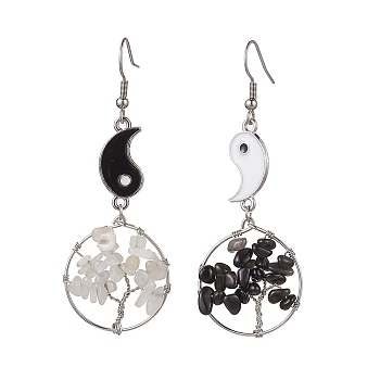 Natural Moonstone and Natural Obsidian Dangle Earrings, with Alloy Enamel Findings and 316 Stainless Steel Earring Hooks, Tree of Life, 67x24.5mm