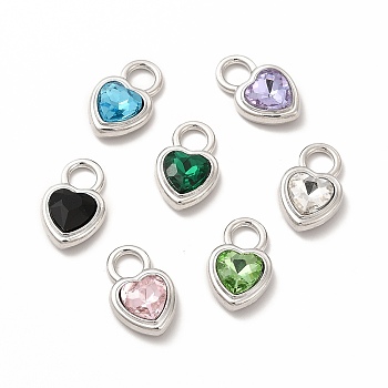 Rack Plating Alloy with Glass Pendants, Platinum, Heart Charms, Cadmium Free & Nickel Free & Lead Free, Mixed Color, 18.5x12x5.5mm, Hole: 4.5mm