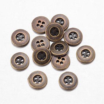 Alloy Buttons, 4-Hole, Flat Round, Tibetan Style, Antique Bronze, 11.5x2mm, Hole: 1mm