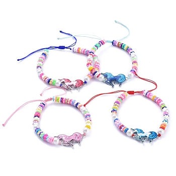 Adjustable Nylon Thread Braided Bead Bracelets, with Unicorn Printed Alloy Enamel Links, Flower Polymer Clay Beads and Round Glass Pearl Beads, Mixed Color, Inner Diameter: 2 inch~3 inch(5~7.5cm)