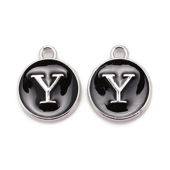 Platinum Plated Alloy Charms, Cadmium Free & Lead Free, with Enamel, Enamelled Sequins, Flat Round with Letter, Letter.Y, 14x12x2mm, Hole: 1.5mm