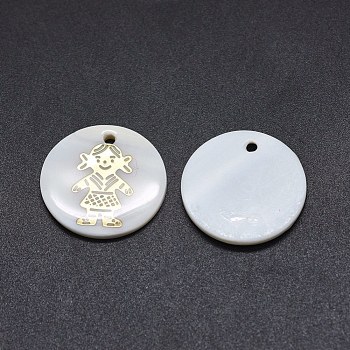 Shell Pendants, with Resin, Flat Round with Girl, White, 20x2mm, Hole: 0.8mm