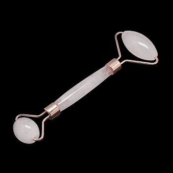 Natural Rose Quartz Massage Tools, Facial Rollers, with Brass Findings, Rose Gold, Rose Gold, 13.5~15.3x4~6x2~2.05cm