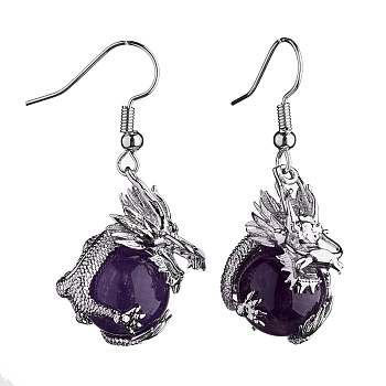 Natural Amethyst Dragon Dangle Earrings, Platinum Brass Jewelry for Women, 42mm, Pin: 0.6mm