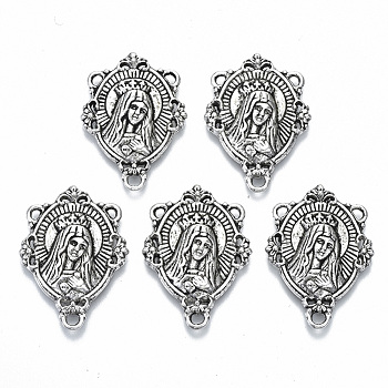 Alloy Chandelier Component Links, 3 Loop Connectors, for Religion, Cadmium Free & Lead Free, Oval with Virgin Mary & Words, Antique Silver, 29x20x3mm, Hole: 1.8mm and 1mm, about 298~310pcs/1000g