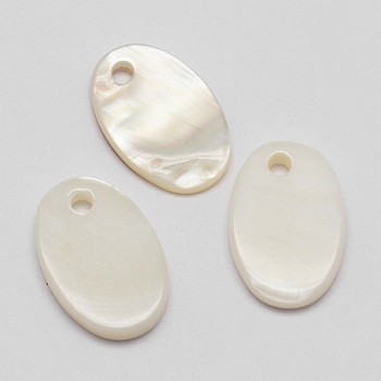 Oval Freshwater Shell Charms, Creamy White, 15x10x2mm, Hole: 1mm