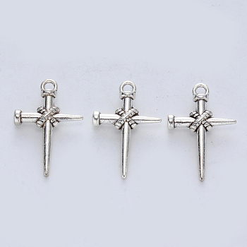 Tibetan Style Alloy Pendants, Cadmium Free & Lead Free, Cross, Antique Silver, 25x16.5x4.5mm, Hole: 2mm