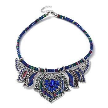 Alloy Rhinestone Teardrop Bib Necklace, Bohemia Necklace with Cloth Cords, Blue, 18.70 inch(47.5cm)