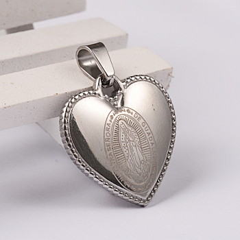 304 Stainless Steel Religion Pendants, Heart with Virgin Mary/Our Lady of Guadalupe, Stainless Steel Color, 22x21.5x3.5mm, Hole: 7x4mm