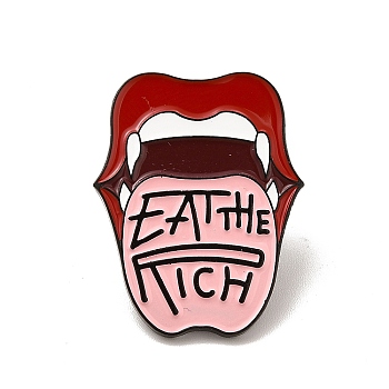 Word Eat The Rich Enamel Pin, Electrophoresis Black Alloy Brooch for Clothes Backpack, Lip Pattern, 30x23.5x1.5mm