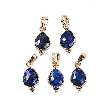 Natural Lapis Lazuli Faceted Pendans, Golden Plated Brass Teardrop Charms, 17.5x9x3.5mm, Hole: 6x3.5mm