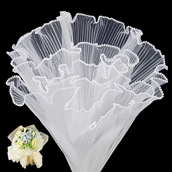 Wrinkled Wavy Polyester Flower Bouquets Wrapping Packaging, Suitable for Valentine's Day Gift Giving Decoration, with Plastic Beads, White, 280mm, 4m/bag
