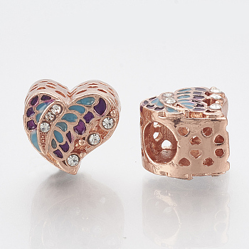 Alloy Rhinestone European Beads, with Enamel, Large Hole Beads, Heart, Indigo & Deep Sky Blue, Crystal, Rose Gold, 11.5x12.5x10.5mm, Hole: 5mm