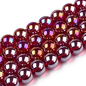 Electroplate Transparent Glass Beads Strands, AB Color Plated, Round, FireBrick, 4~4.5mm, Hole: 0.8mm, about 97~99pcs/strand, 14.76 inch~14.96 inch(37.5~38cm)