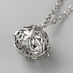 Brass Cable Chain Hollow Cage Bead Pendant Necklaces, Antique Silver, 27.36 inch(69.5cm)(NJEW-WH0020-25A)