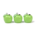 Spray Painted Opaque Resin Pendants, Imitation Food, Apple Charm, with Platinum Tone Iron Loops, Light Green, 24x22.5mm, Hole: 2mm(RESI-F061-01B-02)
