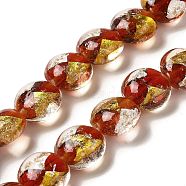 Handmade Gold Sand and Silver Sand Lampwork Flat Round Beads, Red, 14~14.5x8.5~9mm, Hole: 1.6~1.8mm(FOIL-C001-02D)
