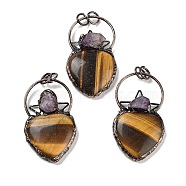 Natural Tiger Eye & Amethyst Big Pendants, Brass Heart Charms with Jump Rings, Red Copper, 55~57x32~33x9~11mm, Hole: 6.6mm(G-A221-04F)