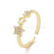 Clear Cubic Zirconia Hollow Out Star Open Cuff Ring, Brass Jewelry for Women, Golden, Inner Diameter: 16mm(RJEW-E072-23G)