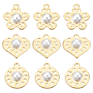 BENECREAT 18Pcs 3 Style Brass Pendants, with ABS Plastic Imitation Pearl Beads, Nickel Free, Real 18K Gold Plated, Creamy White, 16x14x6mm, Hole: 1.6mm, 6pcs/style(KK-BC0006-90-NF)