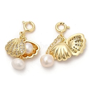 Brass Micro Pave Cubic Zirconia Shell Pendant Decorations, Natural Pearl Ornament with Brass Spring Ring Clasps, Real 14K Gold Plated, 26mm(KK-H445-10G)
