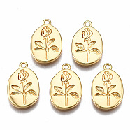 Brass Pendants, Nickel Free, Oval with Flower, Real 18K Gold Plated, 17.5x11.5x2mm, Hole: 1.5mm(KK-Q277-001-NF)
