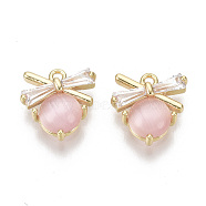 Brass Micro Pave Clear Cubic Zirconia Charms, with Resin Imitation Cat Eye, Bowknot, Nickel Free, Pink, Real 18K Gold Plated, 9.5x8.5x3mm, Hole: 1mm(KK-S356-083-NF)
