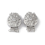 Rack Plating Brass Micro Pave Clear Cubic Zirconia Box Clasps, 3-Strand, 6-Hole, Flat Round with Flower Pattern, Platinum, 21x15.5x8mm, Hole: 2.4mm(KK-G494-07P)
