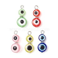 Evil Eye Resin Pendants, Double Flat Round Lucky Eye Charms with Antique Silver Plated Alloy Beads, Mixed Color, 24x10x6mm, Hole: 2.2mm(PALLOY-JF02329)