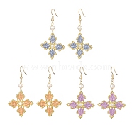 Glass Seed Beaded Cross Fleury Dangle Earrings with Round Shell Pearl, Brass Jewelry for Women, Mixed Color, 62mm, Pin: 0.8mm, 3 pairs/set(EJEW-MZ00033)