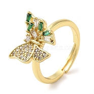 Rack Plating Brass Micro Pave Cubic Zirconia Finger Ring,  Long-Lasting Plated, Cadmium Free & Lead Free, Butterfly, Real 18K Gold Plated, Inner Diameter: 16.8mm(RJEW-C073-01G)