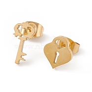 304 Stainless Steel Padlock and Skeleton Key Asymmetrical Earrings, Stud Earrings for Women, Golden, 12x6mm, 9.5x8mm, Pin: 0.7mm(EJEW-F286-02G)