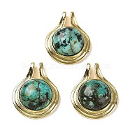 Natural African Turquoise(Jasper) Pendants, Flat Round Charms with Rack Plating Golden Tone Brass Findings, Cadmium Free & Lead Free, 28x22x8mm, Hole: 2x4mm(G-M405-06G-02)