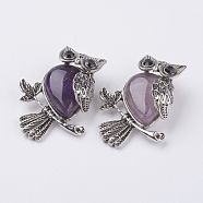 Natural Amethyst Pendants, with Alloy Finding, Owl, Antique Silver, 46.5x35.5x11.5mm, Hole: 6x8.5mm(X-G-E442-01Q)