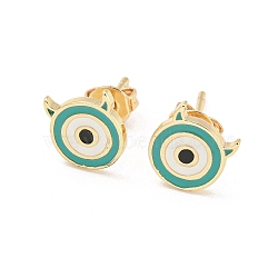 Evil Eye Real 18K Gold Plated Brass Stud Earrings, with Enamel, Teal, 8.5x8mm(EJEW-L269-092G)