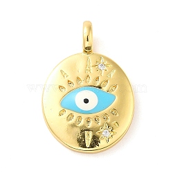 Real 18K Gold Plated Brass Clear Cubic Zirconia Pendants, with Enamel, Flat Round with Evil Eye, Deep Sky Blue, 25x17x6.5mm, Hole: 3.8mm(KK-A198-14G)
