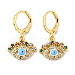 Evil Eye Real 18K Gold Plated Brass Dangle Leverback Earrings, with Enamel and Cubic Zirconia, Light Sky Blue, 25.5x15mm(EJEW-A033-06G-04)