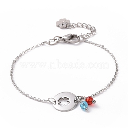 304 Stainless Steel Clover Link Bracelet with Glass Beads Charms for Women, Stainless Steel Color, 6-3/4 inch(17cm)(STAS-E154-08P)