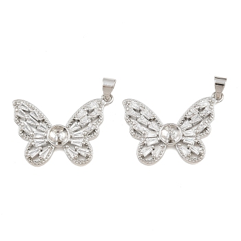 Brass Micro Pave Cubic Zirconia Peg Bails, Butterfly Charms, for Half Drilled Beads, Long-Lasting Plated, Lead Free & Cadmium Free, Rack Plating, Platinum, 20x28.5x4.5mm, Hole: 2.5x4.5mm, Pin: 1.5mm