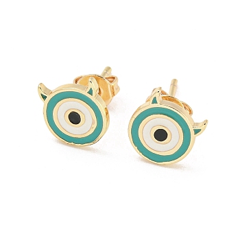 Evil Eye Real 18K Gold Plated Brass Stud Earrings, with Enamel, Teal, 8.5x8mm