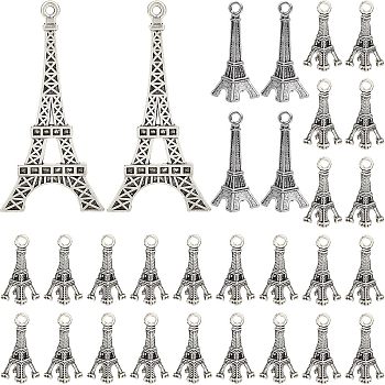 98Pcs 3 Style Tibetan Style Alloy Pendants, Tower, Antique Silver, 20~30x9~12x2.5~12mm, Hole: 2.5~4mm