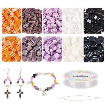 DIY Halloween Tile Bracelet Making Kit, Including Two Hole Glass Seed Rectangle Beads, Big Eye Beading Needles, Elastic Thread, Mixed Color, Seed Beads: 550Pcs/set