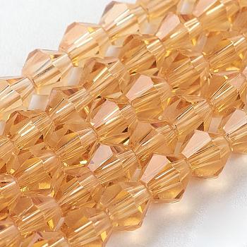Imitation Austrian Crystal 5301 Bicone Beads, Faceted Glass Beads Strands, Sandy Brown, 4x4mm, Hole: 1mm, about 88~89pcs/strand, 12.99~13.39 inch