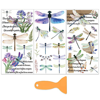 3 Sheets 3 Styles PVC Waterproof Decorative Stickers, Self Adhesive Decals for Furniture Decoration, with 1Pc Plastic Scraper, Dragonfly, 300x150mm, 1 sheet/style