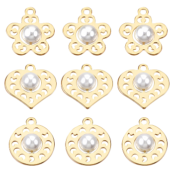 BENECREAT 18Pcs 3 Style Brass Pendants, with ABS Plastic Imitation Pearl Beads, Nickel Free, Real 18K Gold Plated, Creamy White, 16x14x6mm, Hole: 1.6mm, 6pcs/style
