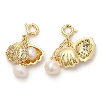 Brass Micro Pave Cubic Zirconia Shell Pendant Decorations, Natural Pearl Ornament with Brass Spring Ring Clasps, Real 14K Gold Plated, 26mm
