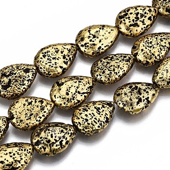 Electroplated Natural Lava Rock Bead Strands, Bumpy, Teardrop, Golden Plated, 15x11x5mm, Hole: 1.2mm, about 28pcs/strand, 15.75 inch(40cm)