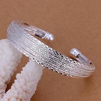 Classical Design Brass Cuff Bangles For Women, Silver Color Plated, 60mm