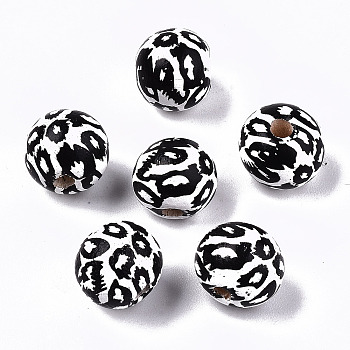 Printed Natural Wooden Beads, Round with Cow Pattern, Black, 10x9mm, Hole: 2.5mm