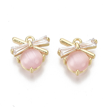 Brass Micro Pave Clear Cubic Zirconia Charms, with Resin Imitation Cat Eye, Bowknot, Nickel Free, Pink, Real 18K Gold Plated, 9.5x8.5x3mm, Hole: 1mm